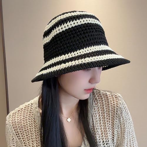 Summer Straw Sun Hat for Women Outdoor Striped Sun Protection Beach Bucket Hat - color: Black