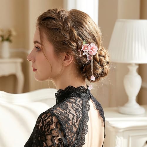 Chinese Dangling Hair Sticks Pink Flower Hairpin with Tassel Ancient Peach Blossom Hanfu Style Hair Fork Retro Flower HairClip Resin Handmade Bridal Pins Ornaments Stick for Women Girls