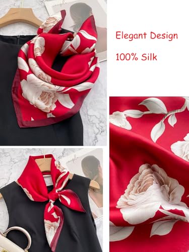 ANDANTINO 100% Mulberry Silk Square Scarf for Hair-25.6" X25.6'' Women Men Natural Silk Neckerchief Digital Printed Headscarf - color: Floral-burgundy