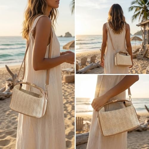 Straw Crossbody Bag for Women, Top Handle Woven Purse, Summer Handmade Lightweight Bucket Clutch Fashion Beach Raffia Tote Handbag