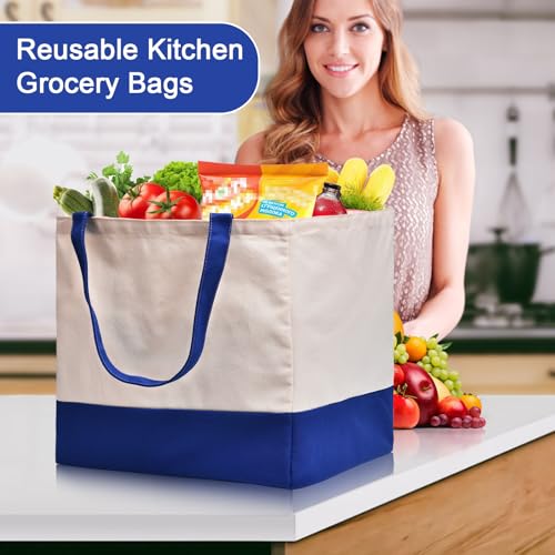 Canvas Reusable Grocery Bags Heavy Duty, 8.3 gal Foldable Large Tote Bag with Handles, Holds 60 lbs Canvas Shopping Bags, 1 Pack - color: [A1] Off White / Blue, size: 1 Pack