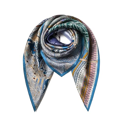 SHIROUYU 100% Pure Mulberry Silk Scarf 35" Large Square Lightweight Headscarf –Women’s Hair Wraps The shawl-With Gift Packed - color: Blue-sun