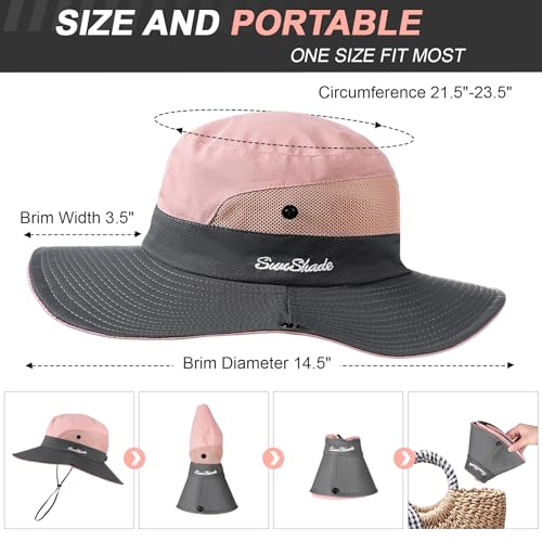 Womens Sun Hat - Sun Hats for Women with Ponytail Hole, Foldable Wide Brim Cooling Mesh Beach Fishing Hat for Outdoor - color: Pink & Grey