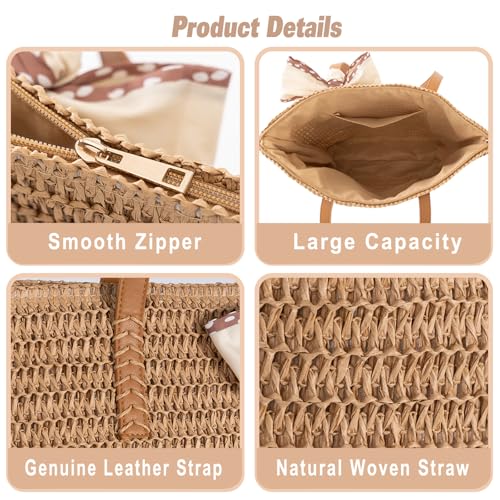 Large Straw Beach Bag: Women's Handwoven Tote with Zipper Pocket - Lightweight Summer Purse for Travel & Work - color: Brown