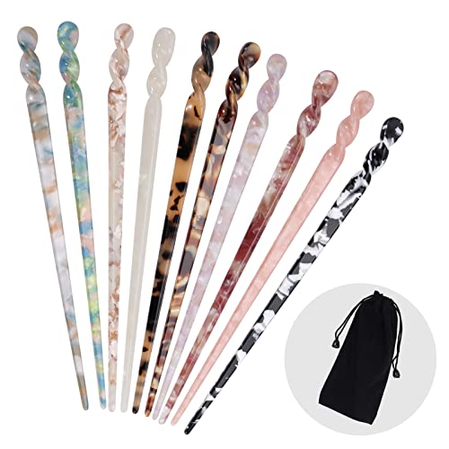 10 Pieces Acetate Hair Sticks, Women Styling Hair Vintage, Leopard Print Tortoise Shell Hairpin, Girls Chopsticks Hairpins, Disk Hair Sticks for Long Hair, Hair Accessories with Flannelette Bag - color: Novel Pattern