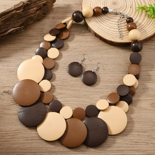 Chunky Wood Beaded Necklace Earrings Set African Tribal Collar Choker Necklace Geometric Ethnic Statement Jewelry - color: brown