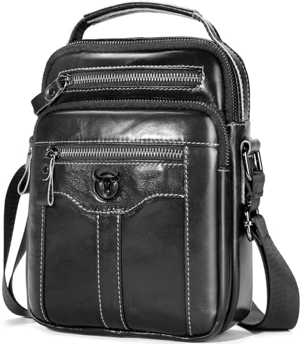 Leather Crossbody Bags for Men Casual Shoulder Bag Travel Messenger Bag Vintage Handbag Multi Pocket Satchel - color: Black