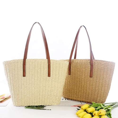 Beaguful Women's Shoulder Handbags Beach Chic Tote Purse Leisure Vacation Hobo Bag with Zipper Closure - color: Light Brown