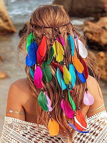 GORTIN Boho Feather Headband Gypsy Headpiece Headdress Bohemian Hippie Headbands Indian Festival Hair Band Adjust Long Feather Hair Accessories for Women (Colorful) - color: Colorful