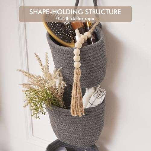 Fabric Wall Hanging Organizers - Small Woven Baskets Pouches Set Boho Style Wall Mounted Bag with Adhesive Hook, Storage Decoration Pocket Caddy for Closet Playroom RV Nursery (Gray & Black) - color: Gray & Black