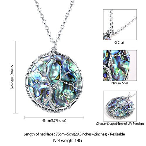 FOCALOOK Stainless Steel Wire Wrapped Tree of Life Abalone Necklaces Handmade Costume Jewelry Long Necklaces for Women (Send Gift Box) - style: 03.Round Shaped-Silver