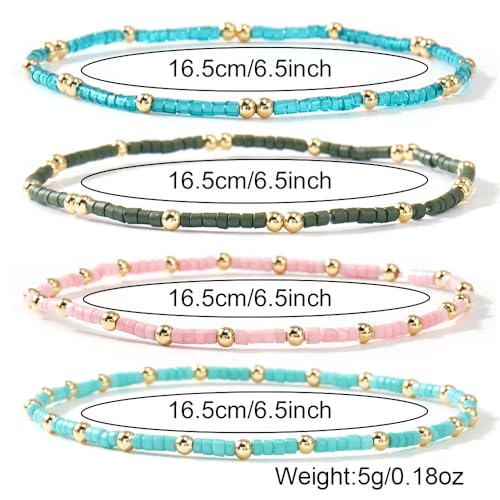 Dainty Gold Colorful Beaded Bracelets Stack for Women,4PCS Cute Bohemian Colorful Small Beads Stackable Stretch Bracelet Set Trendy Holiday Party Accessories Jewelry Gift Friendship - color: Green Cyan