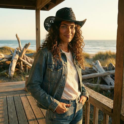 Men & Women's Summer Cowboy Cowgirl Straw Hat Hollow Out Woven Roll Up Wide Brim Sun Hat with Chin Strap - color: Black