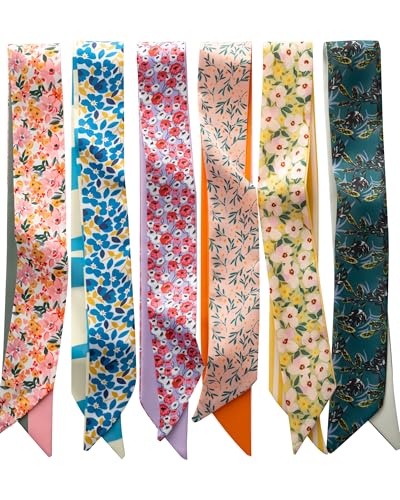 ZXZH 6 Pack Fashion Scarves for Women, Versatile Boho Head Scarf, Satin Scarf for Hair, Neck, Wrist, and Purse Accessories - color: French Floral Print