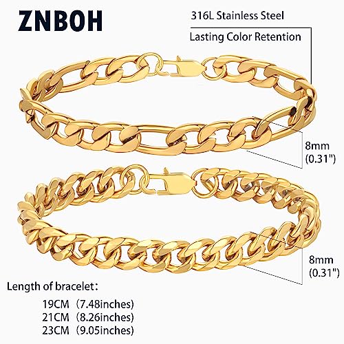 2Pcs Stainless Steel Bracelets for Men 14K Gold Plated Cuban Link Figaro Rope Silver Chain Bracelet Set Curb Width Sturdy Bracelet 7.5/8.3/9 Inches Jewelry Gifts for Dad Husband - color: B:Gold-Figaro+Cuban Link, size: Display Length: 8.3 Inches