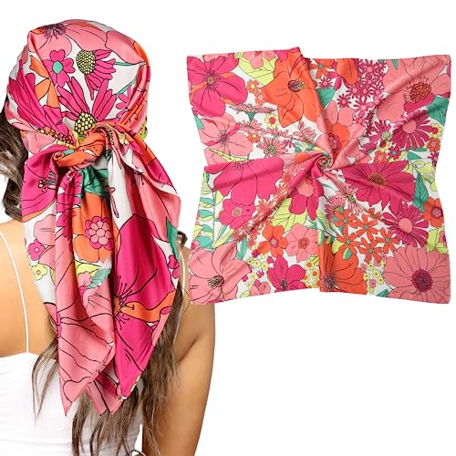 AWAYTR 35” Silk Scarf for Women Large Head Scarf Square Hair Scarf Satin Hair Bandana Printed Silk Sleeping Head Wrap - color: Colorful Flower(rose Red)