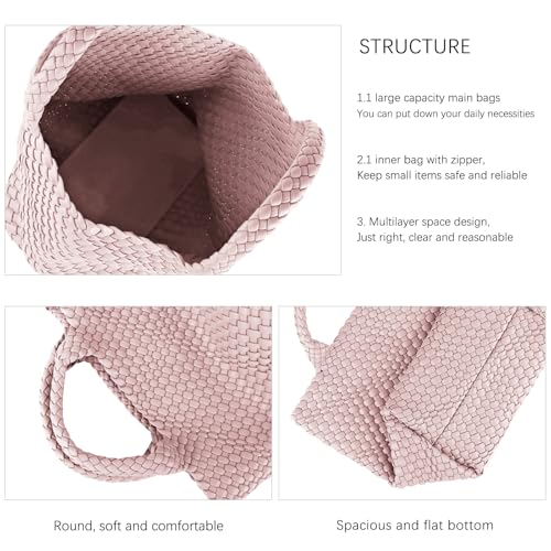 Handmade Woven Bag Satchel Handbag For Women Vegan Leather Tote Bag With Purses Travel Shoulder Bag Underarm Bag - color: Pink-a