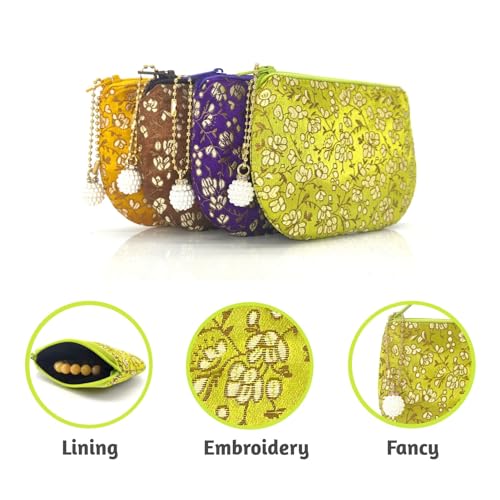 Handmade Women Coin Purse Rosary Pouch Silk Jewelry Bag Brocade Zipper Wallet - YellowGreen - color: Yellow_Green