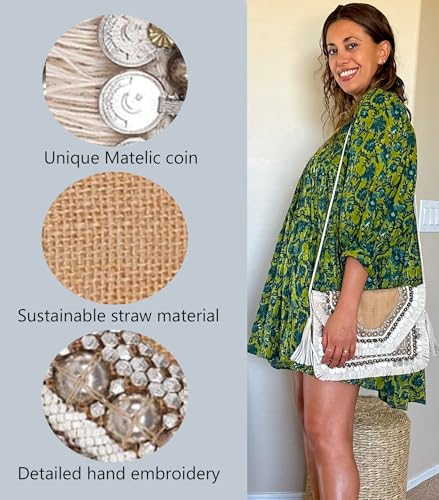 Embroidered Straw Clutch Purse – Summer Beach Boho Designer Woven Envelope Handbag for Women, Vacation Gift - style: Geometric