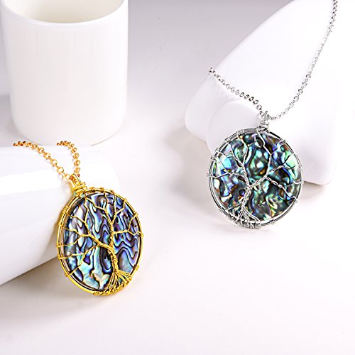 FOCALOOK Stainless Steel Wire Wrapped Tree of Life Abalone Necklaces Handmade Costume Jewelry Long Necklaces for Women (Send Gift Box) - style: 03.Round Shaped-Silver