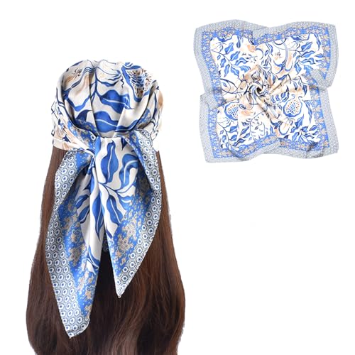 27.5 Inches Silk Head Scarf for Women Satin Hair Scarf Silk Wrap Neck Square Scarves Feeling Scarf Boho Headwear - color: Branch-blue
