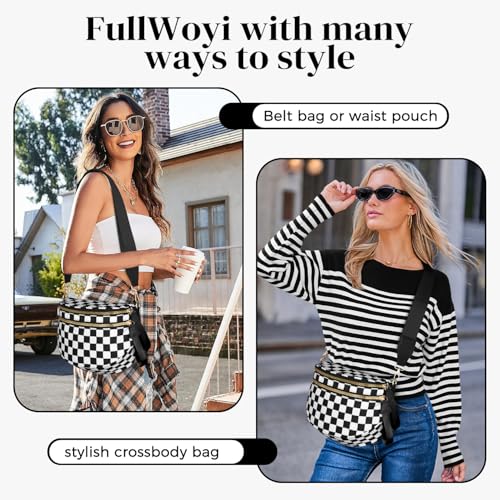 Spacious Nylon Checkered Crossbody Bum Bag for Women, Fashion Checkerboard Fanny Pack Purse with Anti-theft Pocket, Adjustable Wider Strap Wasit Bag (Black-White) - color: black-white
