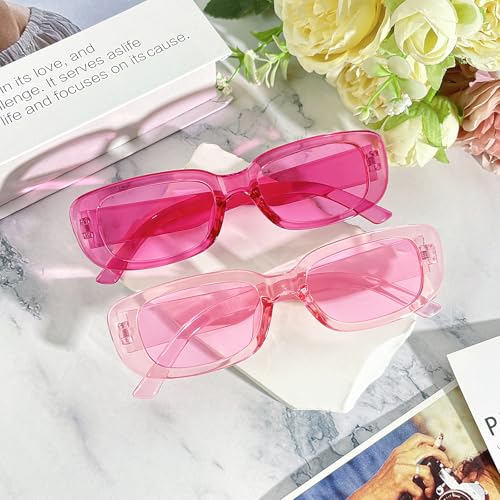 10 Pack Neon/Black Rectangle Sunglasses Bulk for Women Men Retro Trendy Small Rectangle Glasses Party Favors - color: Pink + Hotpink