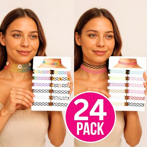 BodyJ4You 24PC Tattoo Choker Necklace - 90s Choker Necklaces Y2K Fashion Trendy Vintage - Daisy Flower Charm Colorful Rainbow Black Goth Pendant - Stretchy Elastic Necklace Summer Gift Set - color: Black, Rainbow, Purple