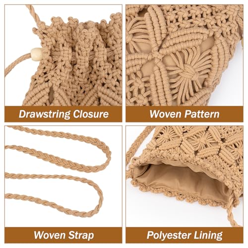Peicees Drawstring Crochet Bag Purse- Woven Crossbody Purse For Women Summer Beach Vacation Travel Boho Shoulder Bag Small - color: Khaki
