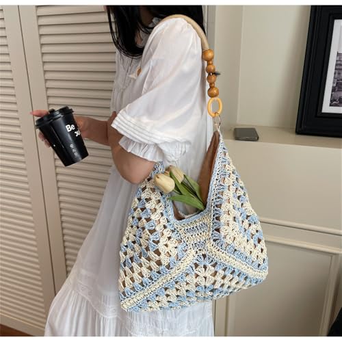 OANEXX Summer Straw Hobo Bags for Women Boho Woven Mesh Beach Tote Bag Large Capacity Crochet Vacation Shoulder Handbag - color: Blue