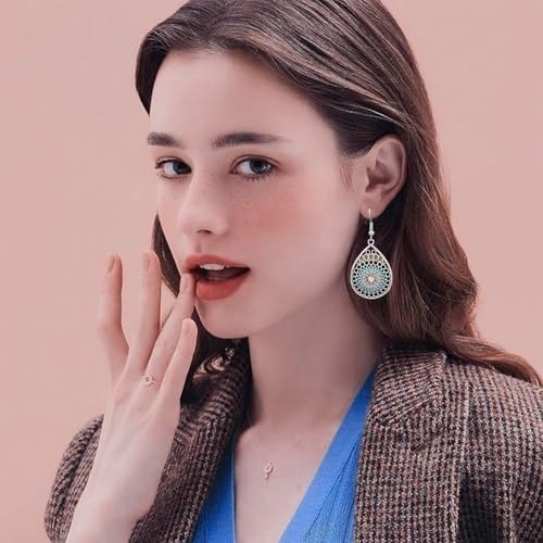 Handmade Teardrop Turquoise Earrings Necklace Set for Women Bohemia Tribal Antique Ethnic Style Earring Delicate Teardrop Gemstone Dangle Drop Statement Earrings Western Jewelry - color: Silver