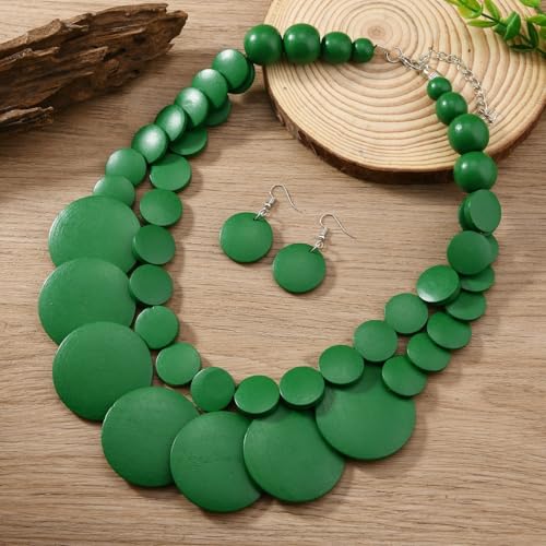 Chunky Wood Beaded Necklace Earrings Set African Tribal Collar Choker Necklace Geometric Ethnic Statement Jewelry - color: green
