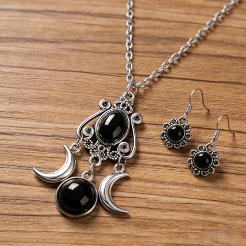 Gothic Vintage Gem Pendant Necklace | Victorian Style Filigree Silver-Tone Jewelry | Ideal Gift for Party Cosplay & Daily Wear - color: Black Triple Moon