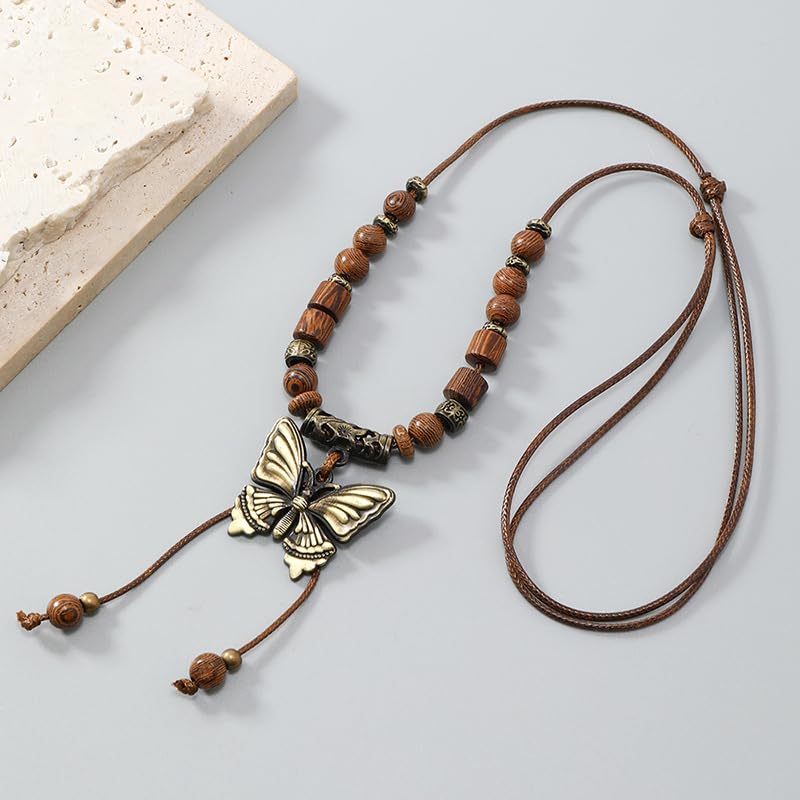 Leather Necklace with Stainless Steel Pendant for Men Women, Vintage Hemp Rope Tribal Choker Necklaces Adjustable 18-30 inch, Clasp-Free Long Necklace - color: Butterfly Pendant