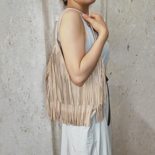 Fringe Hobo Shoulder Bag Vegan Leather Layered Tassel Women Purse Bags | layered tassel - color: Khaki