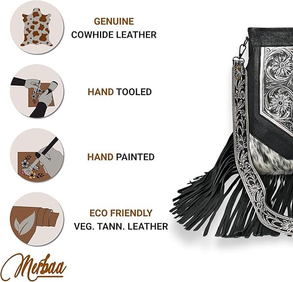 Merbaa Berlin hand-carved Fringed Shoulder Bag Natural Cowhide Hand Bag with Floral Hand Tooling - color: Black