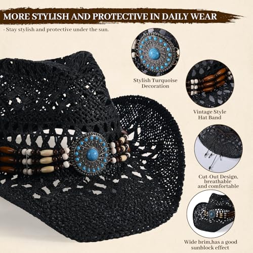 Straw Cowboy Hat for Men Womens Straw Cowgirl Hat Summer Western Cowboy Hats with Wide Brim for Cowgirls and Cowboys - color: Black