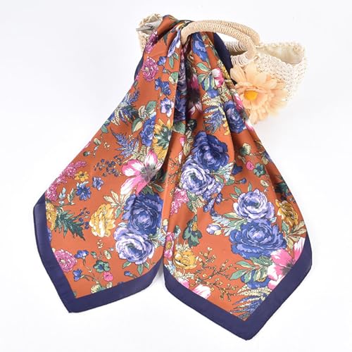 27.5 Inches Silk Head Scarf for Women Satin Hair Scarf Silk Wrap Neck Square Scarves Feeling Scarf Boho Headwear - color: Navy Blue-rose