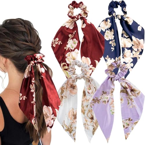 Boho Hair Scarf Scrunchies for Women Bow Hair Ties Floral Hair Scrunchies Silk Elastic Ponytail Holder Hair Accessories for Girls 4 pcs (Flower-2) - color: Flower-2