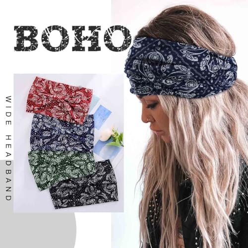 Acenail Wide Headbands Women Boho Turban Knotted Headband Floral Elastic Non Slip Hairband Workout Yoga Head Scarfs Bohemian Headwraps Fashion Hair Accessories for Women and Girls 4Pcs (Boho) - color: Boho