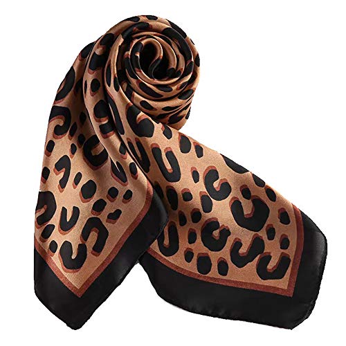 ANDANTINO 100% Mulberry Silk Square Scarf for Hair-25.6" X25.6'' Women Men Natural Silk Neckerchief Digital Printed Headscarf - color: Brown Cheetah Print