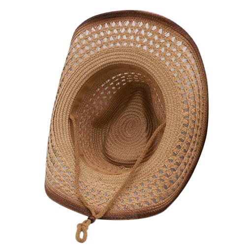Straw Cowgirl Hat for Women Cowboy Hats for Men Wide Brim Sun Hat Shapeable Western Hat Beach Hat - color: Khaki-coffee