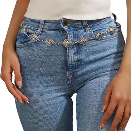 Adjustable Link Belly Belt,Vintage Boho Waist Chain Belt,Outfit Dress Jean Floral Pendant Festival Belt for Women - color: Silver