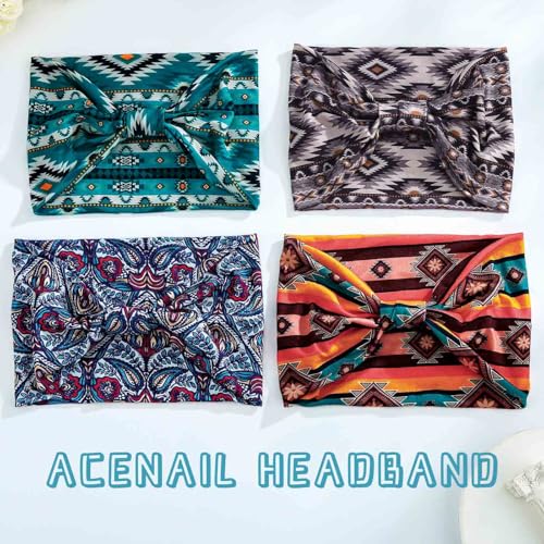 Acenail Wide Headbands Floral Turban Boho Headband Knotted Elastic Non Slip Hairbands Bohemian Vintage Printed Head Wraps Workout Yoga Hair Scarfs Fashion Hair Accessories for Women 4Pcs (Print) - color: Print