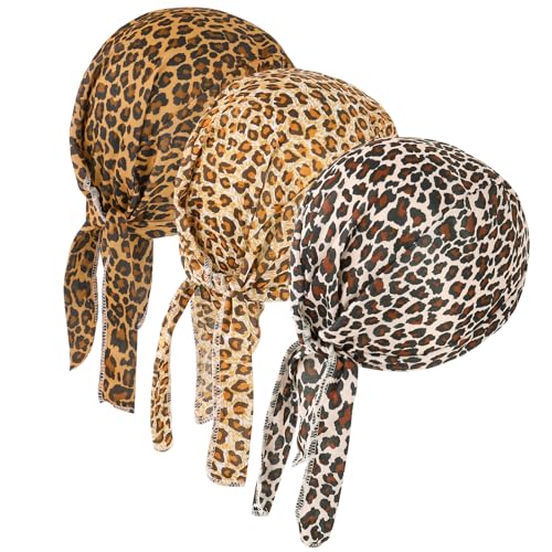 DOCILA 3 Pcs Do Rags for Men Skull Cap Bandana Hat Breathable Helmet Linner Beanie - color: Yellowbrownbeige