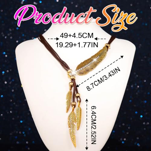 Yean Bohemian Style Rope Chain Vintage Leaf Feather Pattern Pendant Necklace for Women