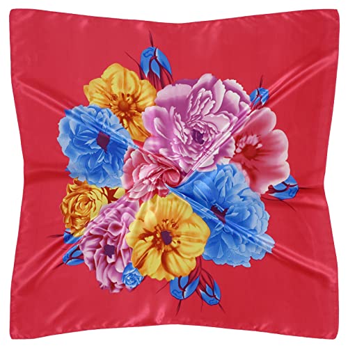 QBSM 35'' Satin Large Square Head Scarf Silk Feeling Neck Scarves Hair Sleeping Wrap Lightweight Headscarf for Women - color: Rose Red Peony