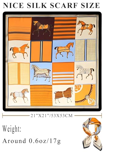 100% Mulberry Silk Scarf for Women Hair Lightweight Square Neckerchief Wrap For Head Scarves 21" - color: 25-orange Horse /21"*21"