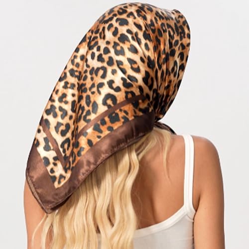 Leopard Print Head Scarf for Women Like Silk Satin Scarf for Hair Wrapping at Night Bandana Square Scarf 35 Inches - color: Dark Coffee Leopard
