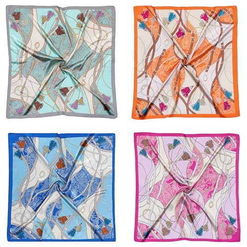 HBselect 4PCS Head Scarf for Women 35” Head Scarves Silk Like Satin Neck Scarfs Square Bandana Hair Wraps Scarf for Sleeping - color: Grey Blue, Orange, Blue, Rose Pink